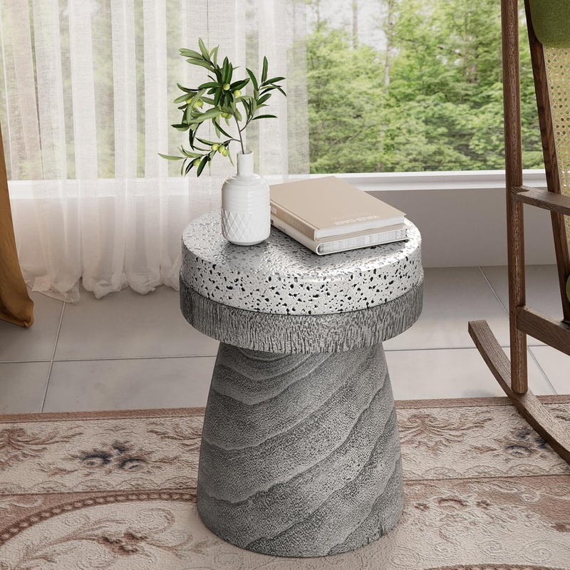 COSIEST Outdoor Side Table w Spotted Tabletop, Concrete Side Table, Round Patio Side Table Stool, Lightweight Outdoor Accent Table w Colored Faux Wood, Cylinder Plant Stand for Garden and Deck, Grey - Image 4
